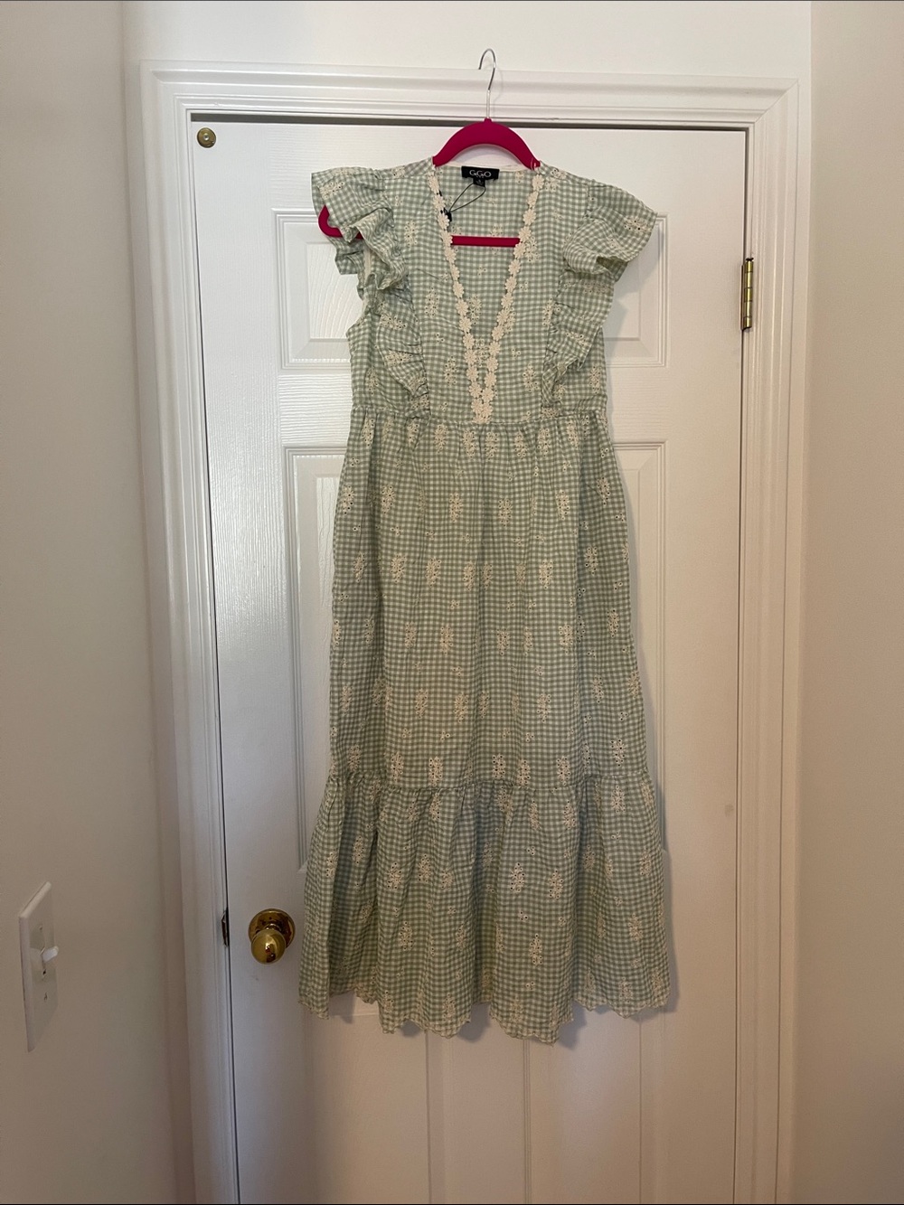 GiGiO Green Gingham Maxi Dress with Lace Trim